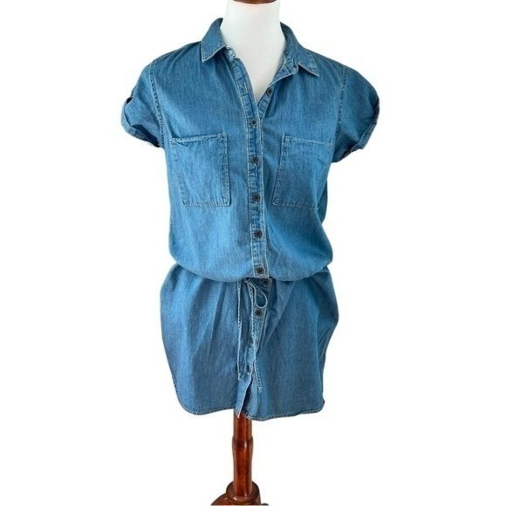PAIGE Flyer Denim Short Sleeve Drawstring Waist Mini Shirtdress Size M - Picture 14 of 15